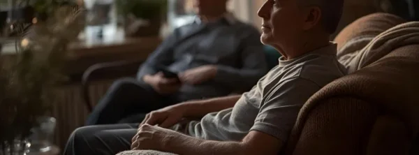 Pièce chaleureuse et calme, avec une personne détendue et un accompagnant discret, illustrant un cadre sécurisé