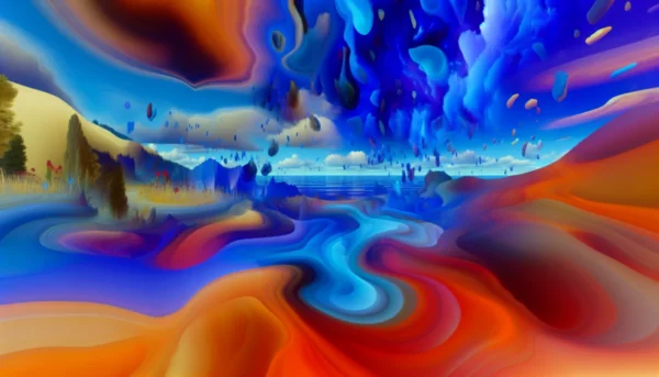Paysage surréaliste illustrant les altérations de perception sous psilocybine, avec des formes abstraites