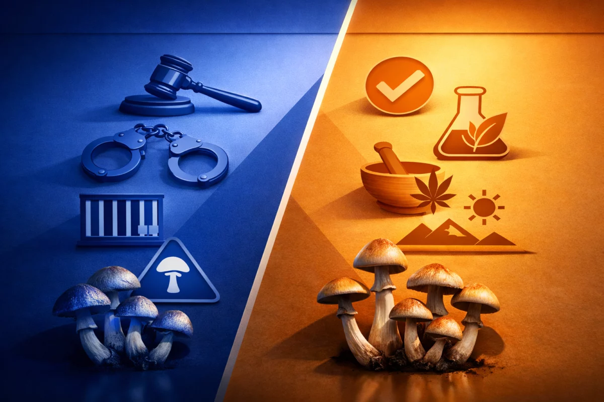 Comparison of psilocybin legal status in France and internationally, emphasizing differences