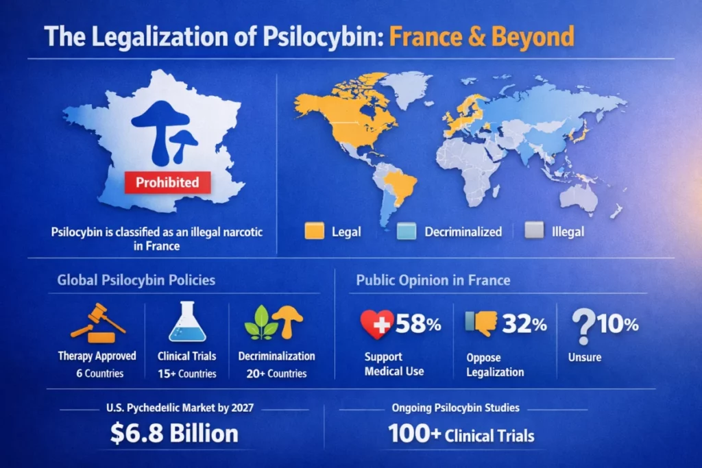 Infographic illustrating psilocybin legalization context in France and internationally, keyword included