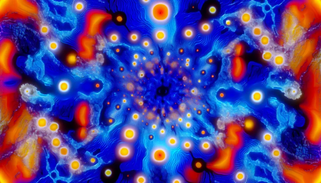 Image représentant les effets psychédéliques et les récepteurs 5-HT2A, couleurs dominantes bleu et orange.