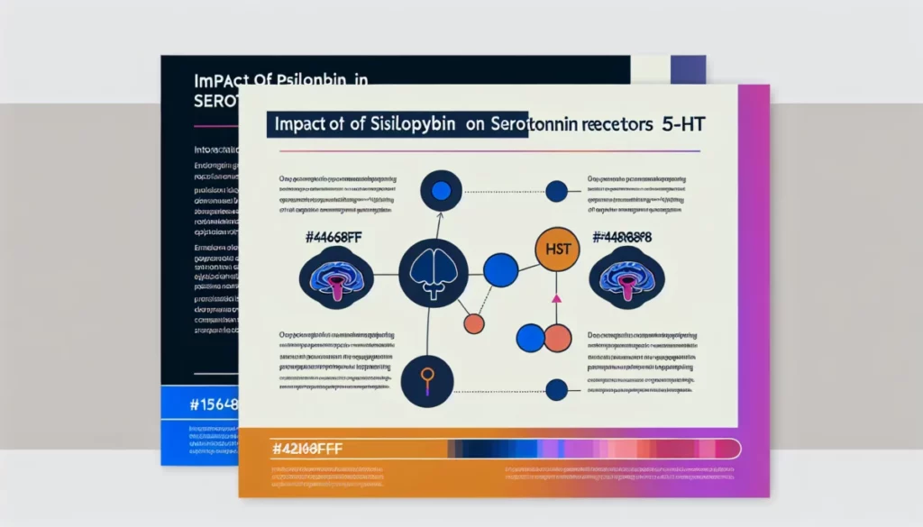 Visuel sur l'impact de la psilocybine sur les récepteurs de la sérotonine, incluant des icônes et des diagrammes.