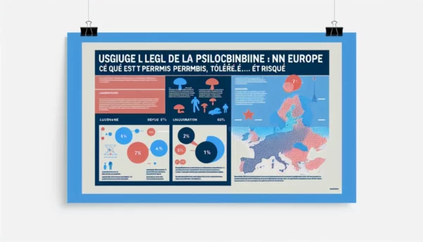 Visuel représentant l'usage légal de la psilocybine en Europe, intégrant des éléments graphiques et des couleurs de la charte