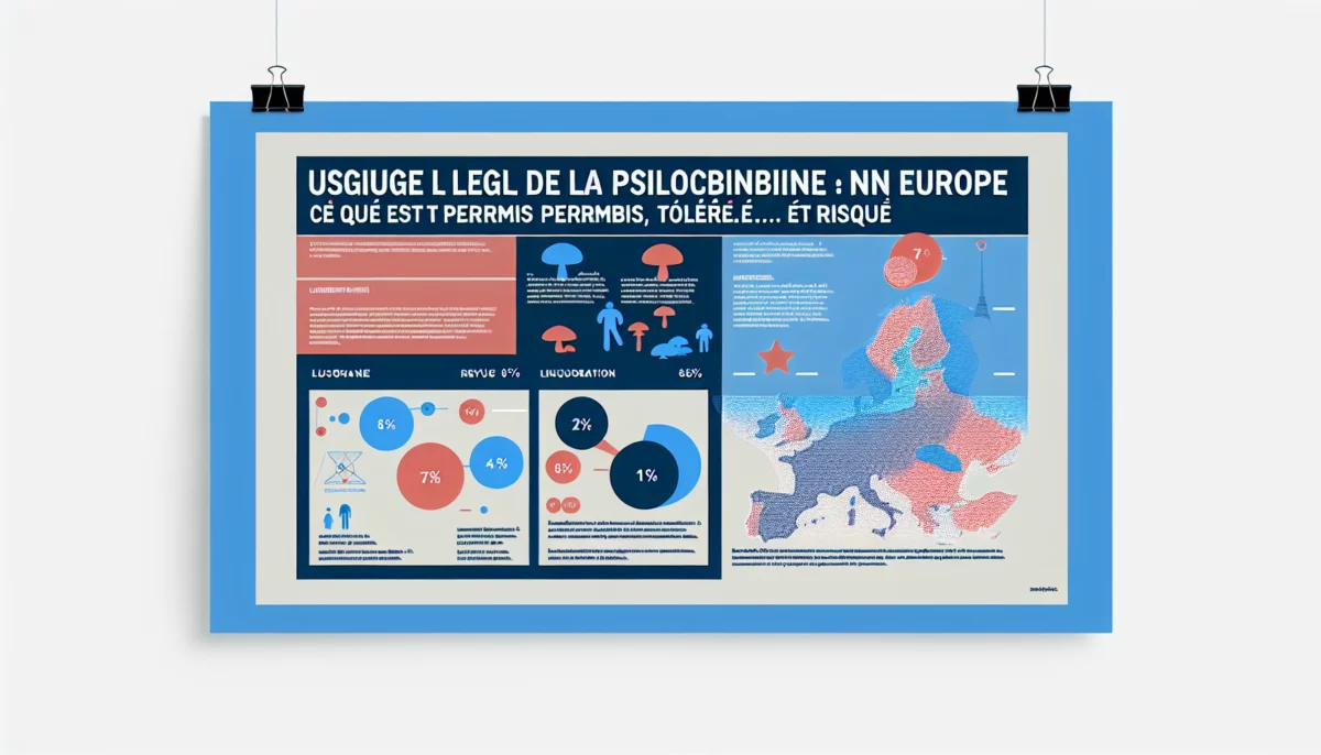 Visuel représentant l'usage légal de la psilocybine en Europe, intégrant des éléments graphiques et des couleurs de la charte
