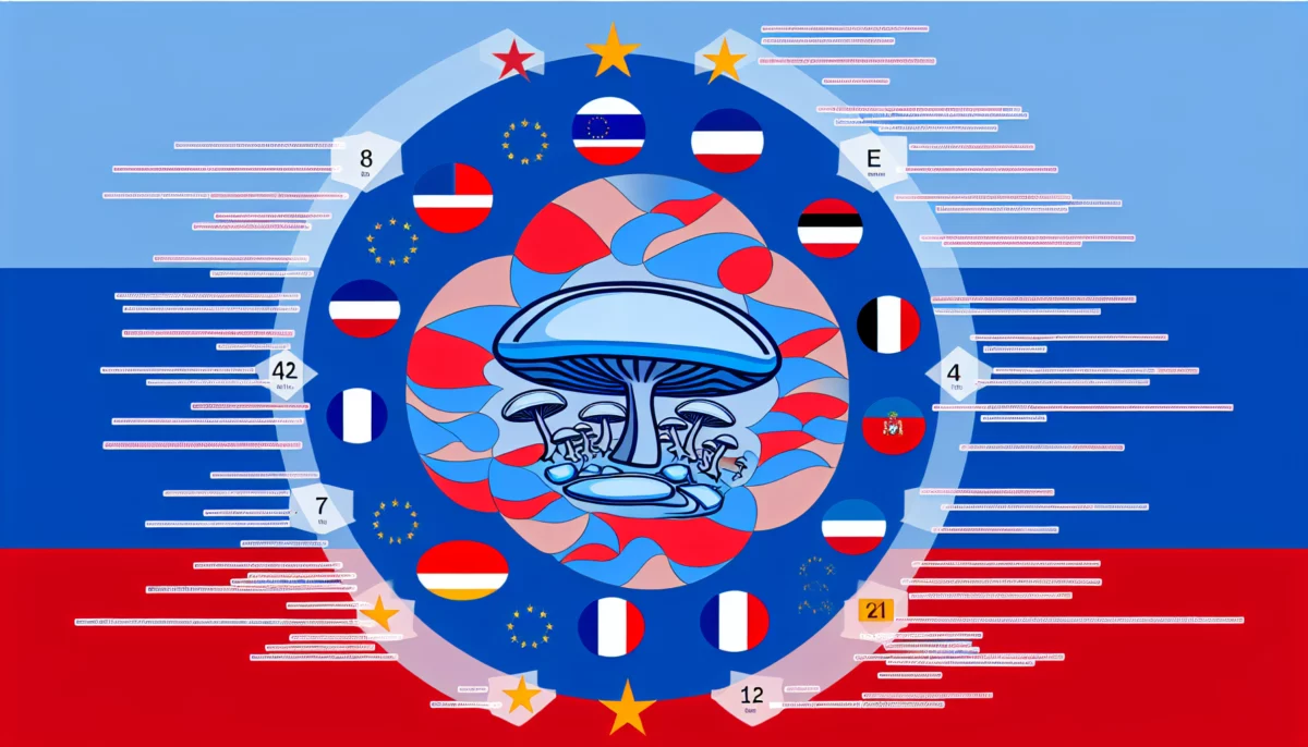 Schéma technique montrant les lois sur l'usage légal de la psilocybine en Europe.